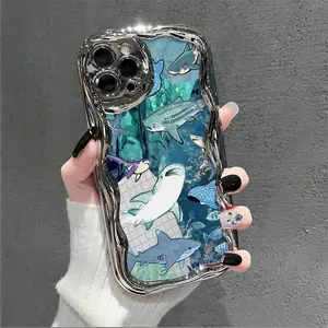 A phone case with a blue background and ocean shark pattern,electroplated cream wave design,suitable for iPhone 17 Air/16 Plus/15 Pro Max/14 Pro/13/12/11/XS Max/X phone case, perfect choice for holiday gifts for family,friends,lovers,girlfriends DDNYBLK02