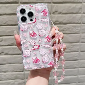 Shell & Starfish Pattern Phone Case with Beaded Chain, 1 Count Anti-drop Phone Protector Cover, Phone Accessories Compatible with iPhone 15 14 13 12 11