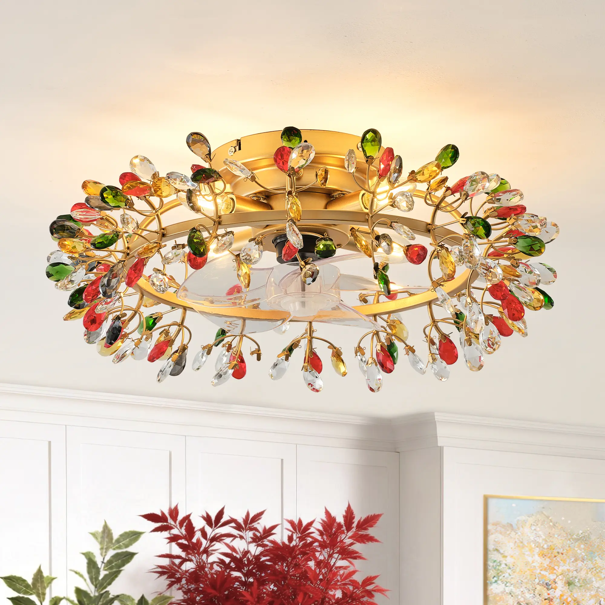 PARROT UNCLE 23" Clara Golden Crystal Flush Mount Ceiling Fan with Light and Remote