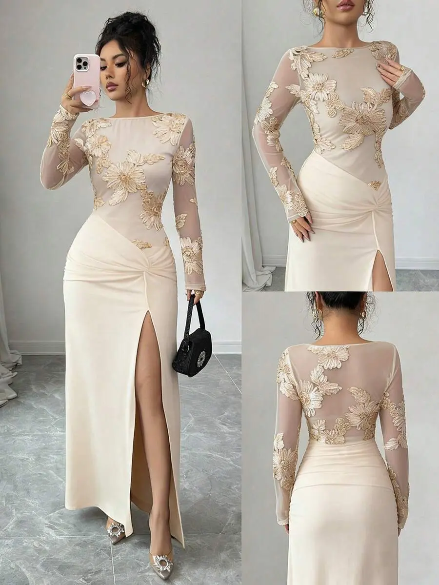 Women's Elegant Sexy Fitted Mesh Embroidered Patchwork High Slit Dress