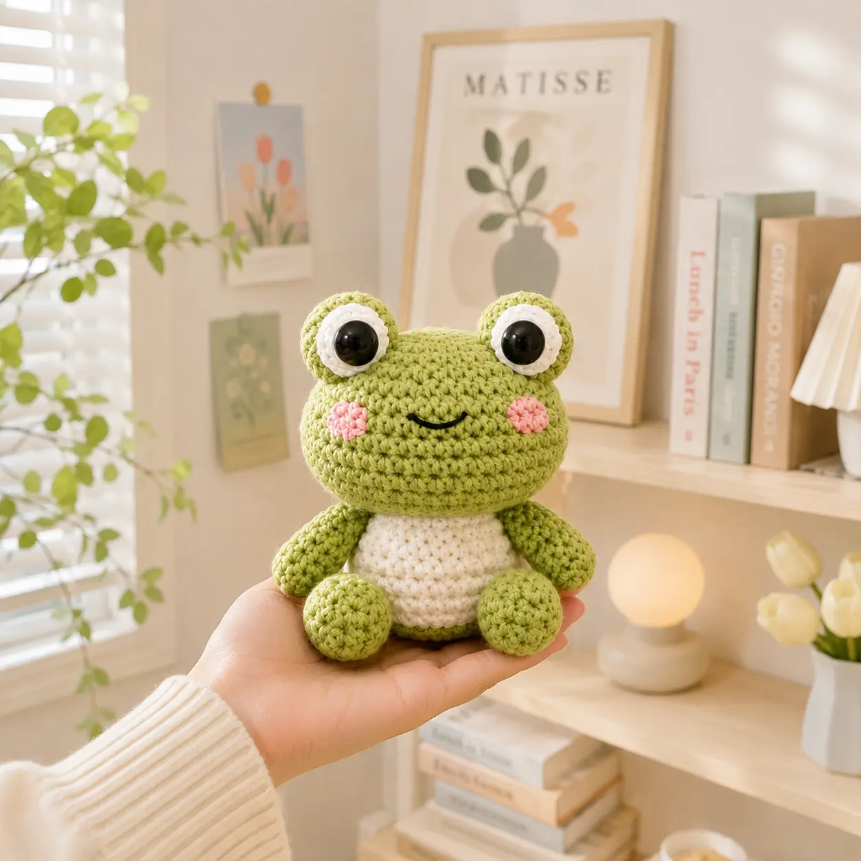 Handmade Crochet Frog Decor, Cute Green Frog Doll Ornament, Knitted Animal Figurine for Desk, Shelf & Room Decoration