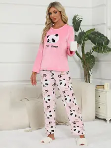 Cute Panda Embroidered Flannel Pajamas Set, Thick Warm Long Sleeve Sleepwear for Fall & Winter, Loose Fit Home Wear Loungewear, 2 Piece Pack