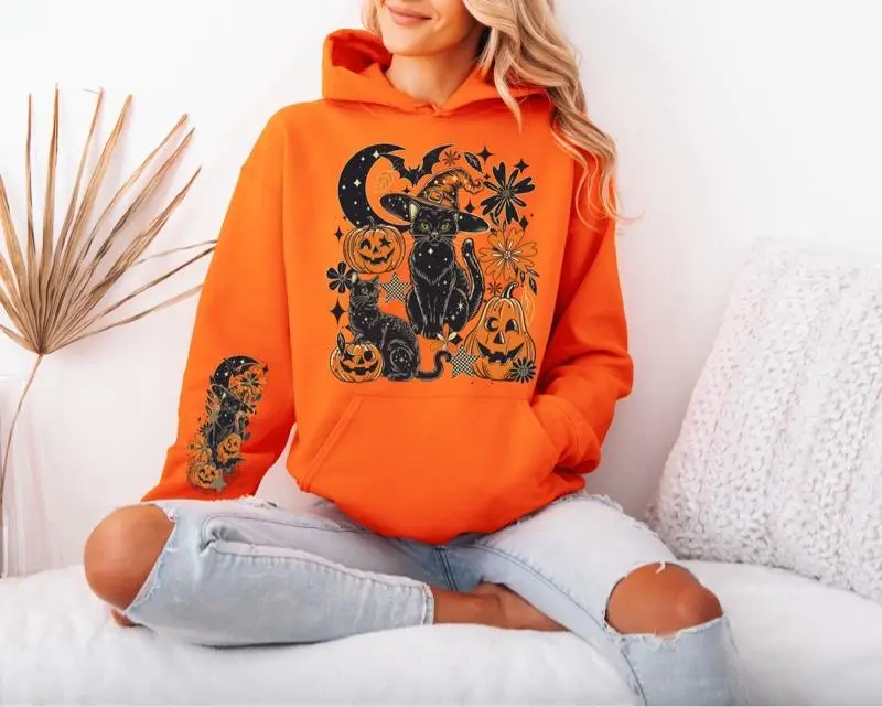 Black Cat With Pumpkins Gildan hooded Sweatshirt with Sleeve design hoodie unisex sizing womenswear comfortable soft Casual Pullover Tops Fabric Pocket Mint Green Green Spandex Cotton