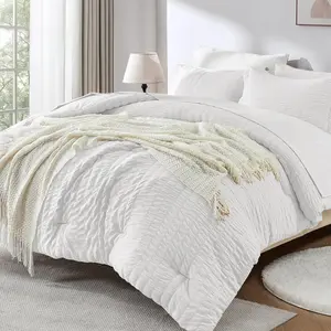 JOLLYVOGUE 7- Pieces Queen Comforter Set, Comforter Set White Seersucker Bed in A Bag Queen, All Season Bedding Sets with Comforter, Pillow Sham, Flat Sheet, Fitted Sheet and Pillowcase