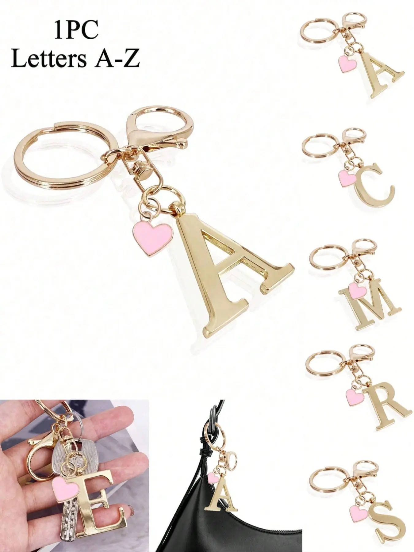 A high-end elegant gold letter keychain, 3D letter charms A-Z, with a pink heart charm, fashionable alloy key ring, backpack decoration, car keychain, couple gift, classic minimalist keychain, decorative, bag accessory, Keychain For Bags