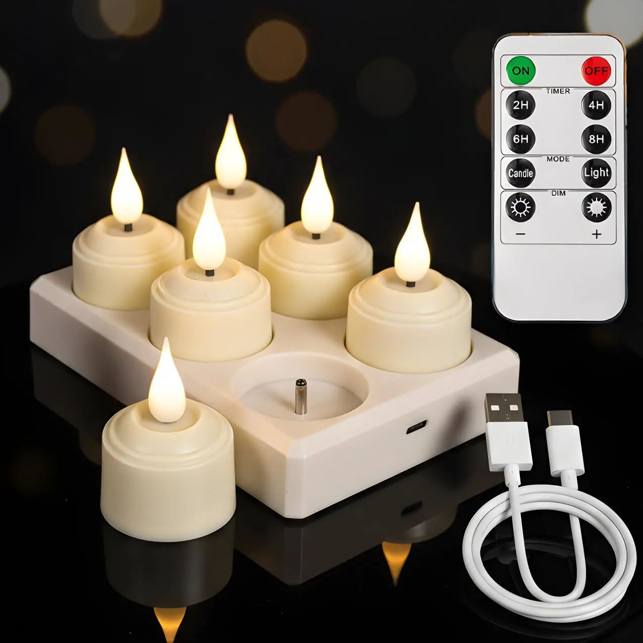 Rechargeable Tea Lights Flameless Candles with Remote Timer & Charging Base, LED Tealight Candles Battery Operated USB Candles for Fall Wedding Christmas Halloween Table Centerpiece Reception, 6-Pack