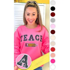 Tees2urdoor Women's Long Sleeve Hoodie for Ladies - 1-Piece Casual Pullover, 60% Cotton 40% Polyester Crew Neck Sweatshirt, Lightweight Foldable, Medium Length, Basic Fit, Shimmer Pencil Sequin Graphic for Teachers, Lady