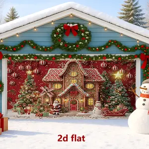 1pc 2d flat Christmas Gingerbread House Garage Door Cover, Festive Winter Holiday Decoration, Red and Green Outdoor Xmas Party Decor