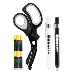 3 Pack Penlight & Medical Scissors- One 8 Inches Patented Trauma Shears Two LED Pen light with Four Batteries - Bandage Scissor for- Nurse, First Aid, EMT, Doctor