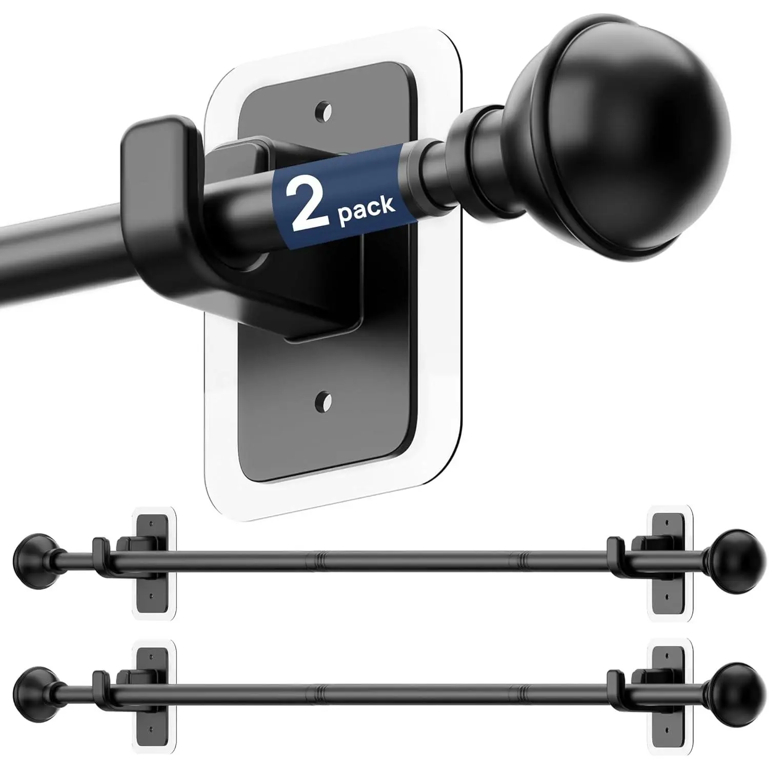 2 Pack No Drill Curtain Rods for Window 28 to 48 Inches, 5/8 Inch Diameter Renter Friendly Drapery Rod with Adhesive Brackets without Drilling, Adjustable from 27 to 52 Inches, Black