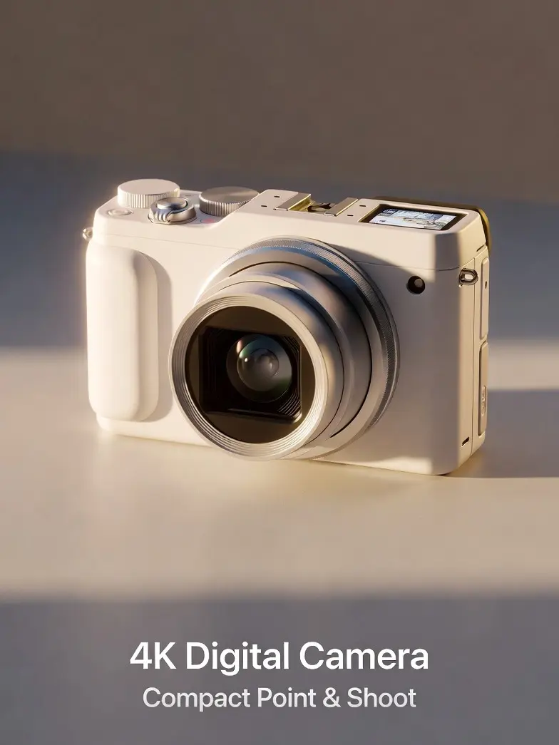 Digital Camera 4K White Compact Point Shoot Portable with Filters for Teens Travel Campus