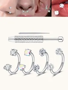 6pcs Heart Star Cz Horseshoe Nose Rings, Internal Threaded Stainless Steel 18gauge 8mm Hoops, Ideal for Nose, Cartilage, Tragus, Helix & Lip Piercings, Nose Piercing Jewelry, Body Jewellery