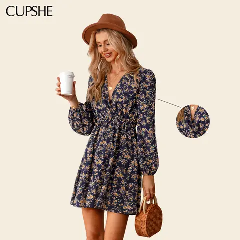 CUPSHE Women's Casual Comfy Chic Alison Ditsy Floral Peasant Dress - Long Surplice V-Neck, Long Sleeve, Elasticized Waist, A-Line Mini Hem, Pull-On Boho Clothes for Women, Navy Casual Dresses #outdoorfun