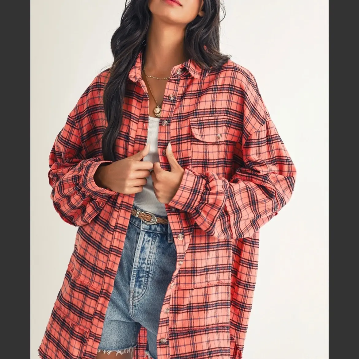 Distressed oversized flannel