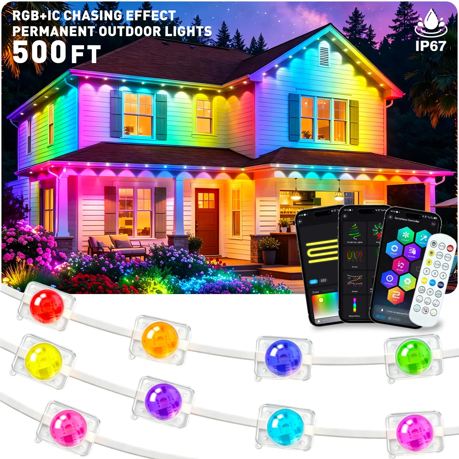Permanent Outdoor Lights RGB IC Waterproof with Smart App Control Remote,DIY Scene Modes,Music Sync hronization,Eaves Lights for Garden Decor,Deck,Christmas