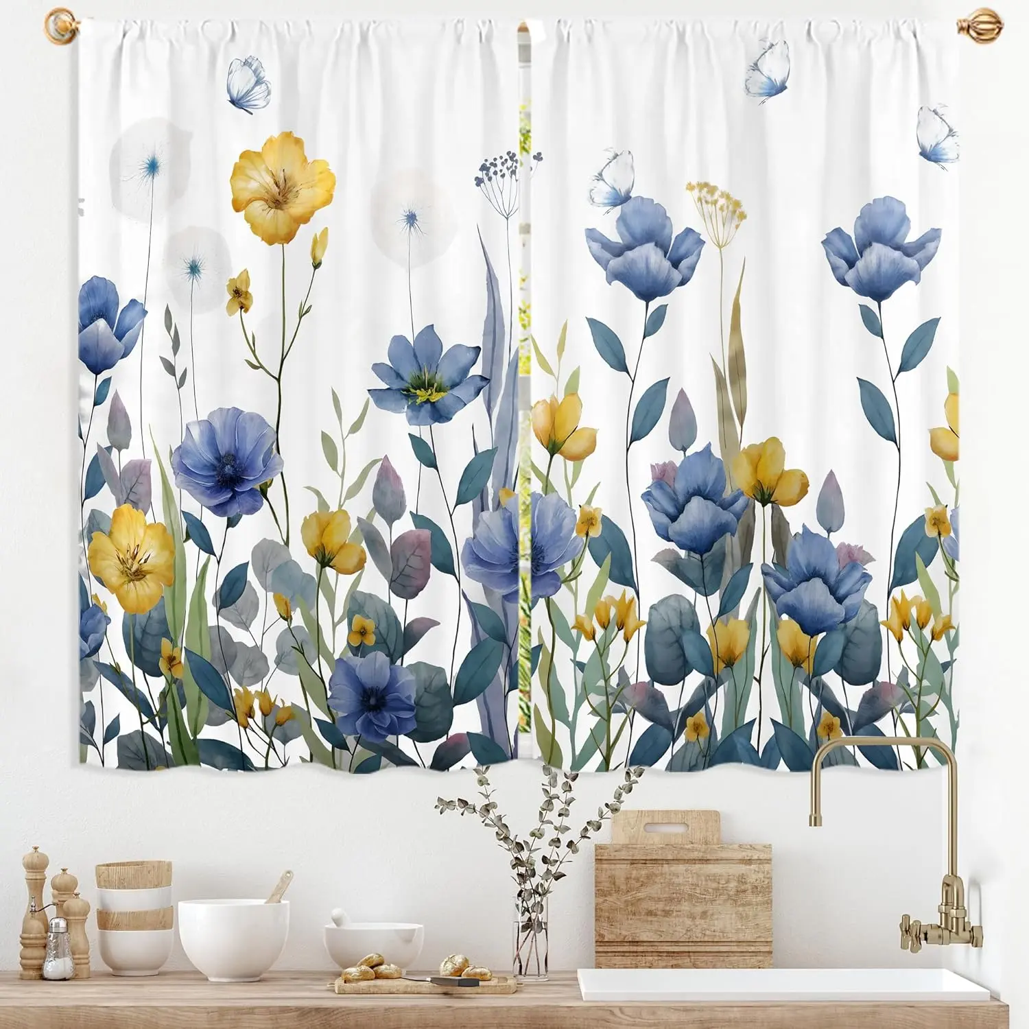 Kitchen Curtains (2 Panels, 27.5W x 39L in) - Colorful, Vintage Floral, Art Print, Abstract Art, Beautiful Patterns Watercolor Botanical Leaf Plant Window Treatment Drapes for Spring Summer Cafe Decor, Colorful Curtains, Vintage Floral Curtains