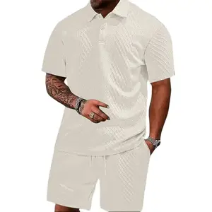 Men’s casual vacation set featuring an INS-style geometric knit jacquard twill fabric with a white-dominant color scheme, including one short-sleeve polo shirt and a shorts outfit. Ideal for music festivals, Hawaiian beach vacations, and more.