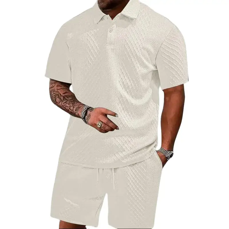 Men’s casual vacation set featuring an INS-style geometric knit jacquard twill fabric with a white-dominant color scheme, including one short-sleeve polo shirt and a shorts outfit. Ideal for music festivals, Hawaiian beach vacations, and more.