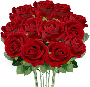 12 Pcs Red Roses Artificial Flowers, Real Touch Fake Velvet Flowers with Stems in Bulk for DIY Home Decor, Wedding, Party, Mother's/Valentine's Day Gifts