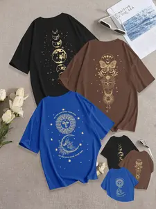 Breathable Casual T-Shirt for Women, Loose-Fitting Round Neck Design, Vintage Moon & Sun Graphic Print, Perfect for Everyday Stylish Wear, 3 Pack
