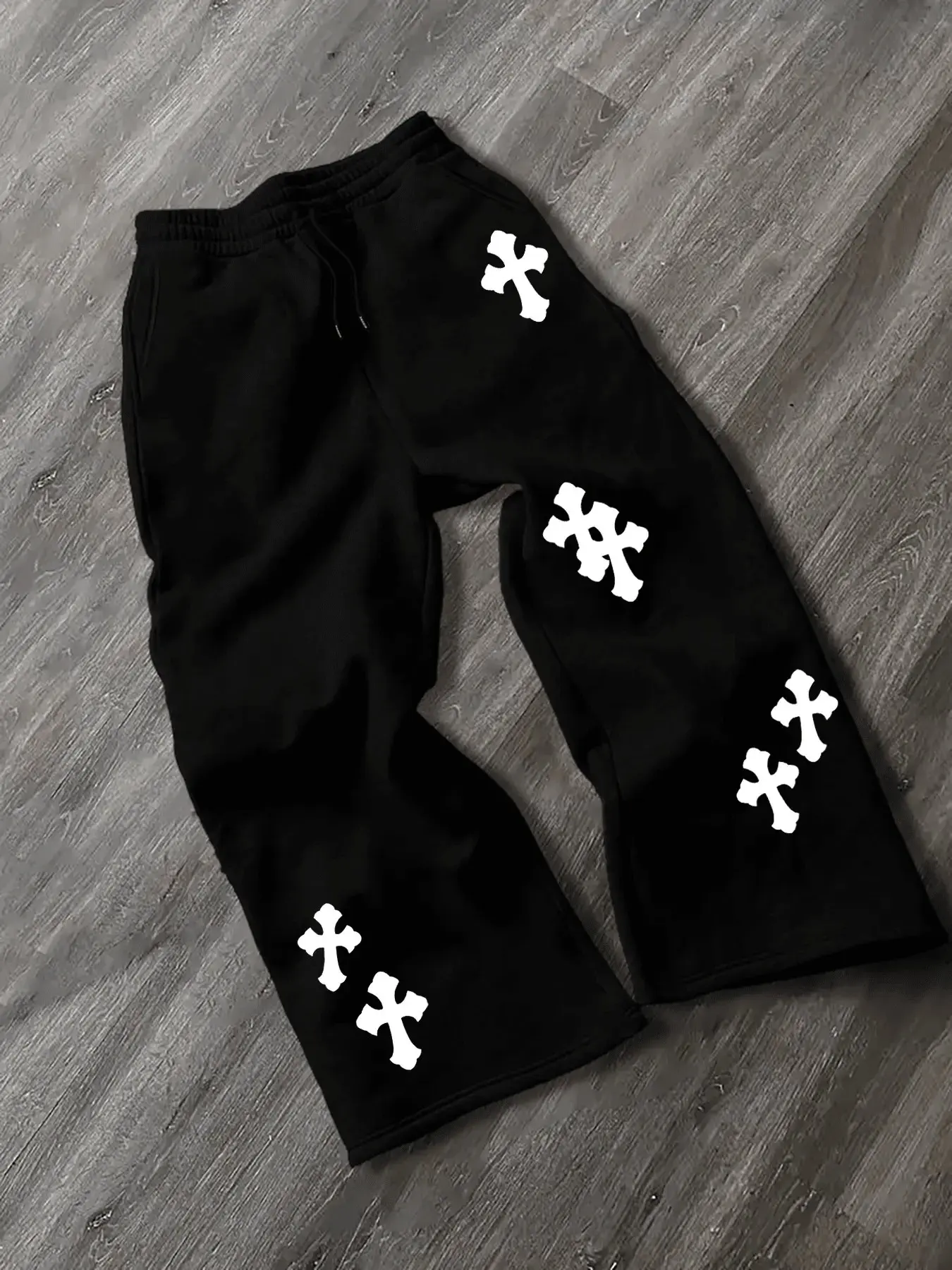 Baggy Sweatpants, Casual Baggy Trousers, Casual Loose Pants, White Cross Gothic Graphic Print, Drawstring Elastic Waist, Adjustable, Y2K Streetwear & Grunge Aesthetic, Pants for Men & Women, E-Boy E-Girl Bottoms, Versatile for Casual Lounge Day