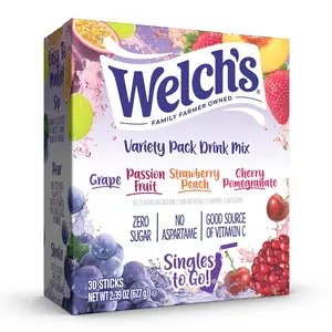 Welch's Variety Pack, Watertok Powdered Drink Mix, Includes 4 Flavors, Grape, Passion fruit, Strawberry Peach, Cherry Pomegranate, 1 Box (30 Servings)