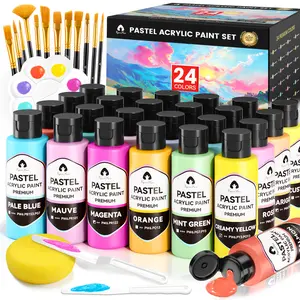 Pastel Acrylic Paint Set - 24 Colors (2oz/60ml), 40-Piece Kit with 12 Brushes, 2 Knives & Palette - for Artists - Ideal for Canvas, Ceramic Painting