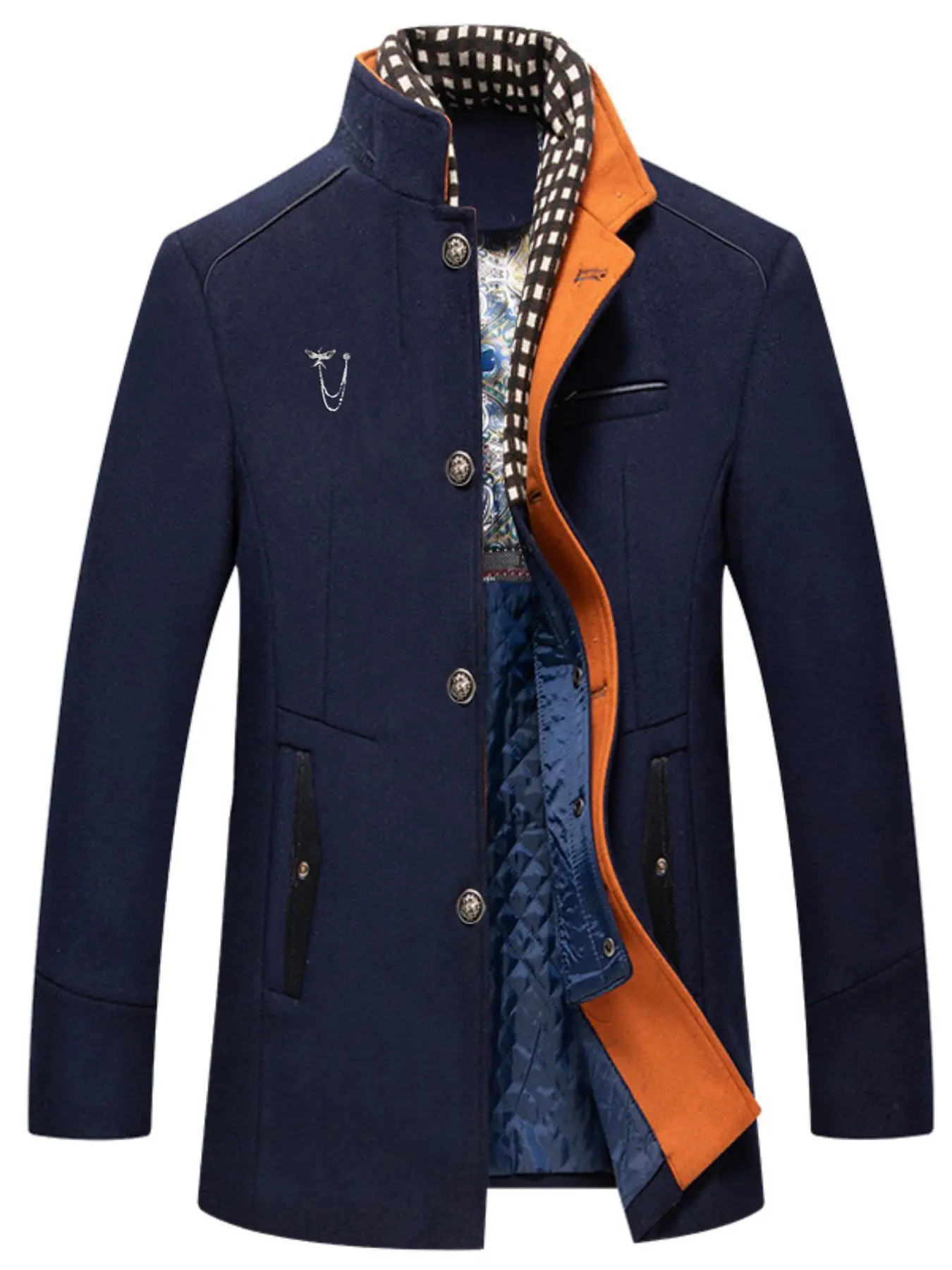 Men's Double Collar Mixed Fiber Long Coat, Zipper and Pocket Design, Warm, Durable, Fitted, Suitable for Business or Casual Autumn/Winter with Scarf Embellishments, Windproof