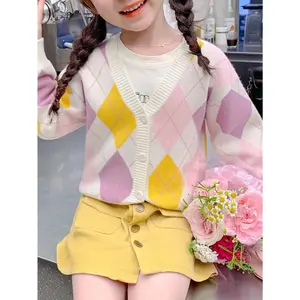 Youngsters's Spring and Autumn Long-Sleeve Knit Sweater, Fashionable Faux Fur Lined Cardigan Top for Girls, 1pc