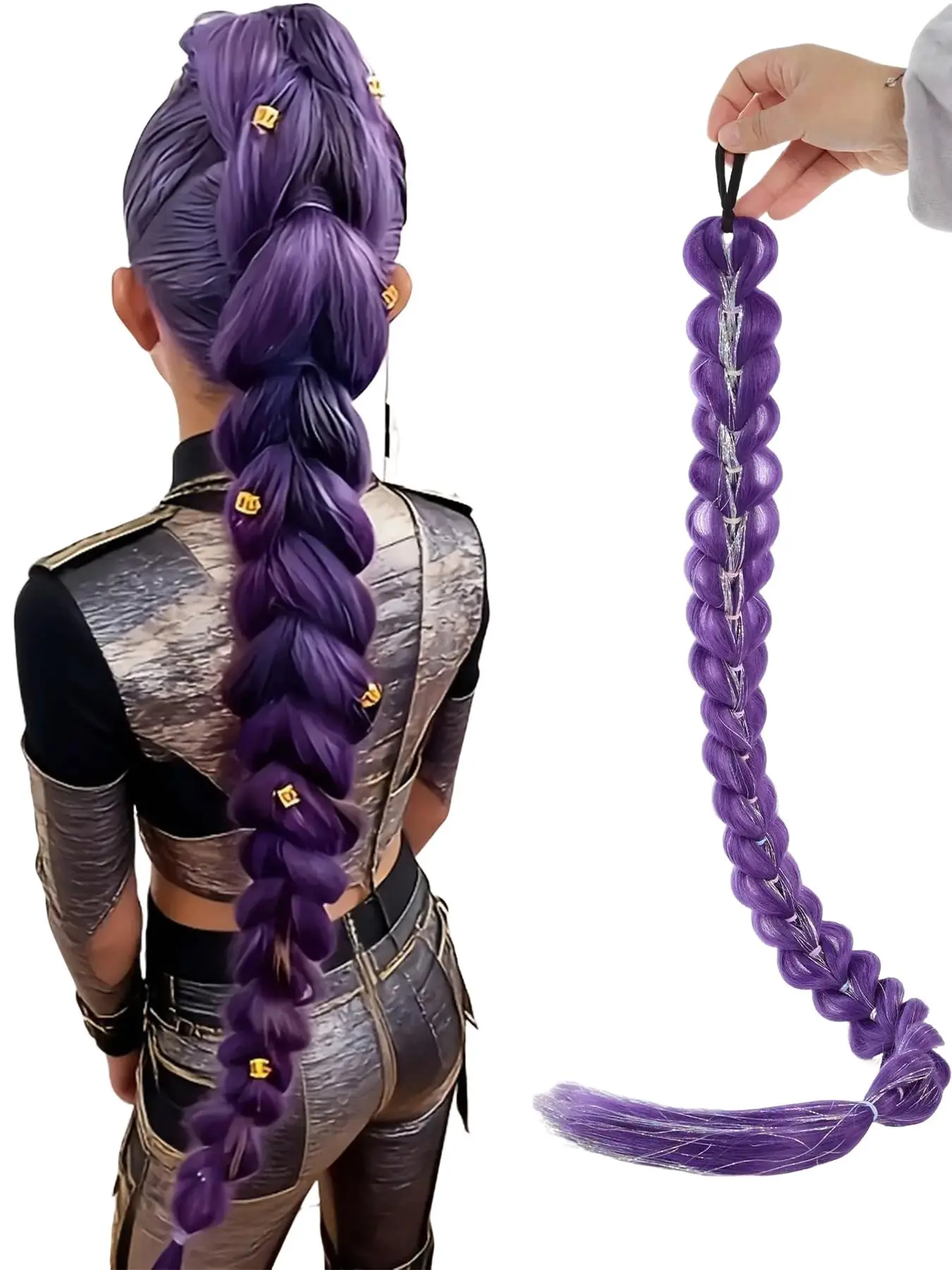 Long purple braided ponytail, Synthetic ponytail hairpieces, synthetic fiber material, 26-inch and 28-inch styles, comes with tie strings for easy installation, suitable for Halloween costumes, cosplay, and hair extension use