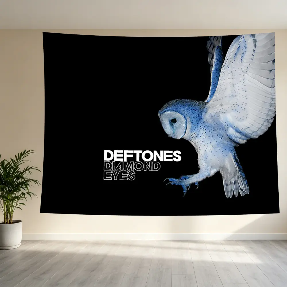 Deftones Diamond Eyes Owl Album Cover Polyester Art Print Tapestry - Black-White Rock Band Wall Hanging, Modern Print Design, Casual Camouflage-Infused, Machine Washable Indoor Room Decor for Bedroom, Artistic