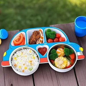 Car Meal Tray Set with Lid and 2 Stainless Steel Bowls, Cartoon Car Meal Tray, Shatterproof Home Kitchenware, Kids Dining Utensils