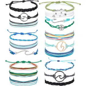 FINREZIO 6 Sets Colorful Boho Surfer Wave String Bracelet Set for Women Men Handmade Adjustable Braided Rope Bracelets with Wave Anchor Compass Charms Summer Beach Vacation Jewelry Set for Gifting