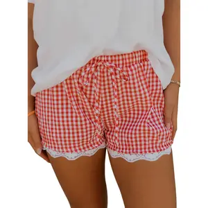 Red Gingham Plaid Casual Shorts, Lace Patchwork Hem With Tie Elastic Waist For Women, Stylish Breathable Relaxed Fit For Daily Street Party Vacation Wear SummerVibes