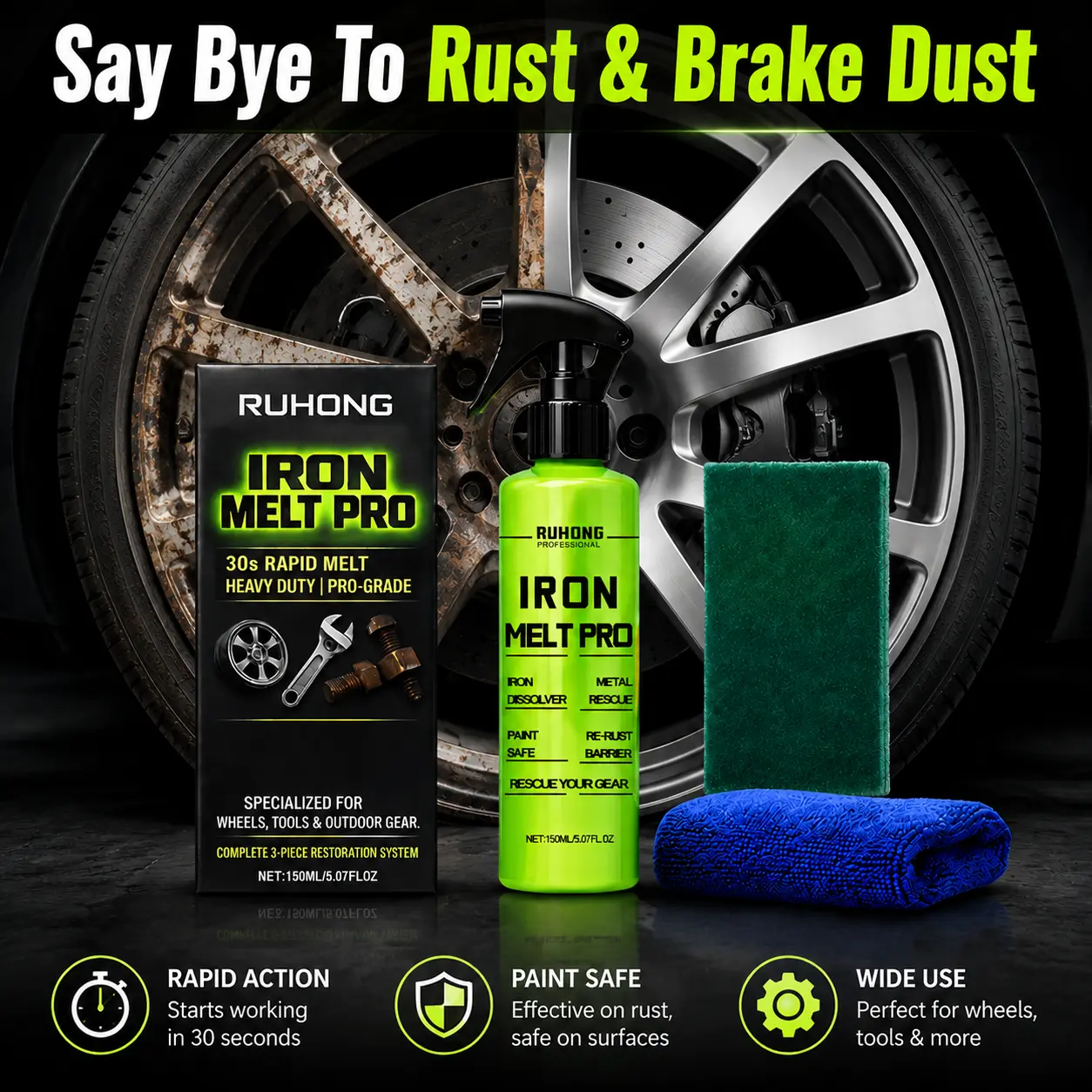 Fast Acting Brake Dust Iron Remover Automotive Rust Removal Spray Restores Metal Surface Safe Formula for All Paint Wheels and Rims