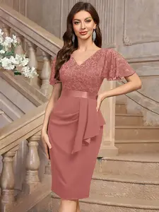 Miusol 84140Women's Floral Lace V Neck Elegant Ruffle Cocktail Dress