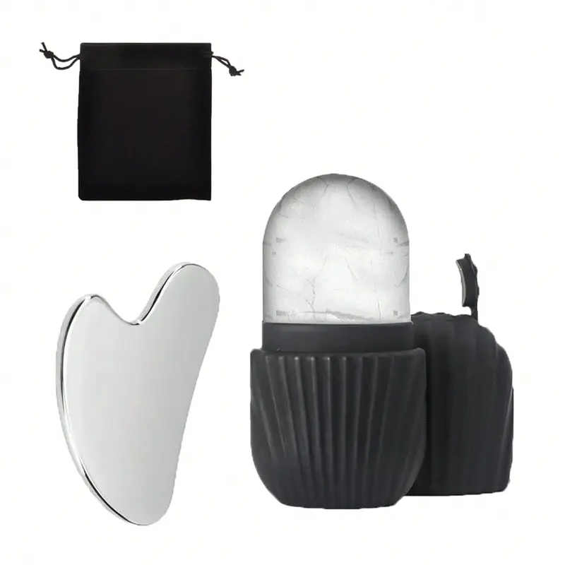 1-piece massage roller set includes 1 ice roller, 1 storage bag, 1 gua sha pad (for glowing skin), silicone ice roller mold (for relieving face and eye puffiness), and reusable skin care tools
