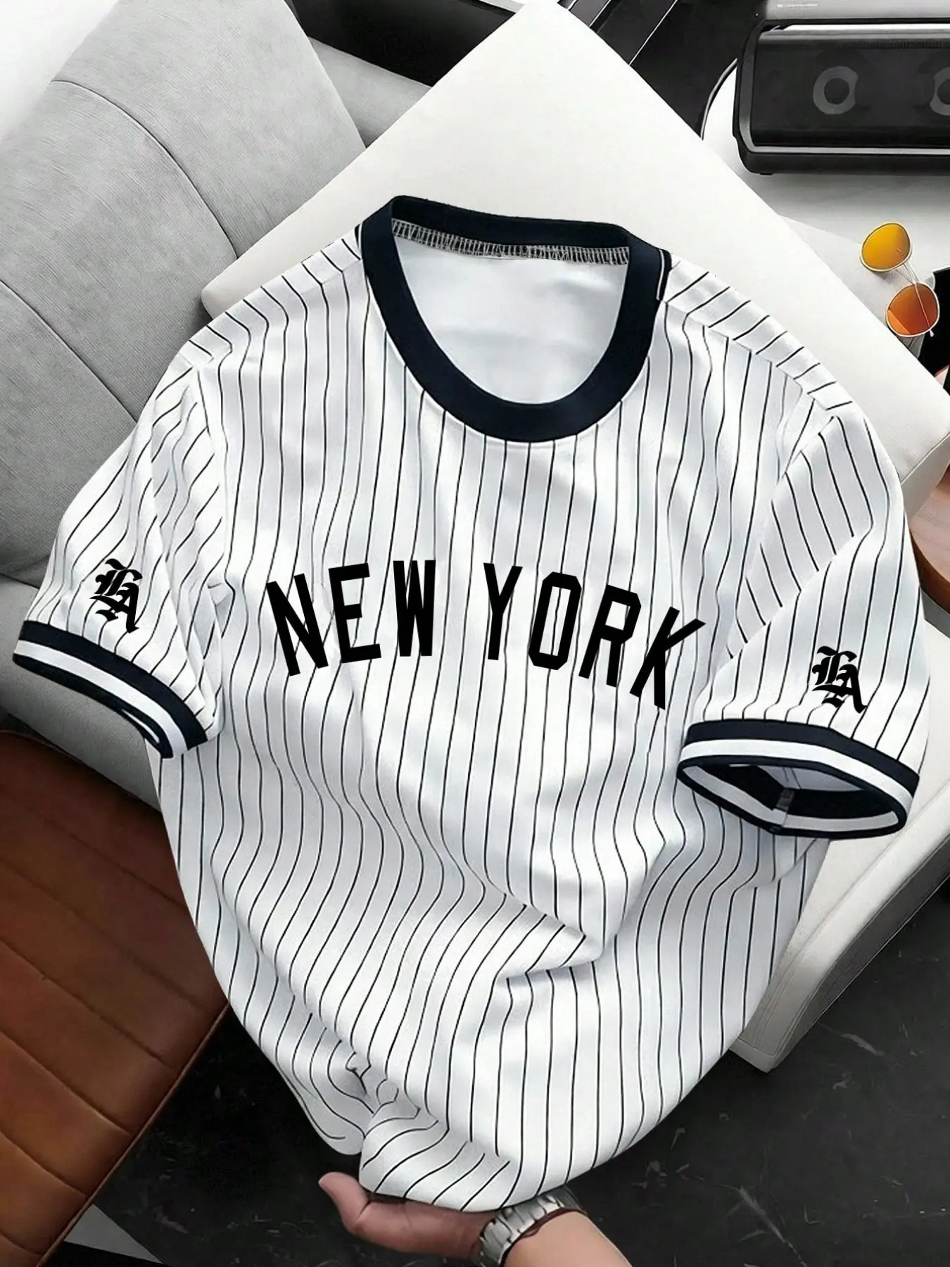 Men's Summer Retro New York Letter Vertical Stripe Baseball Short Sleeve T-Shirt, Sports Tees, Athletic Top, Casual Sports Tops, Home Outdoor City Loose Trend Casual Elegant Youth Simple Versatile Texture Temperament Nature Literary Sports