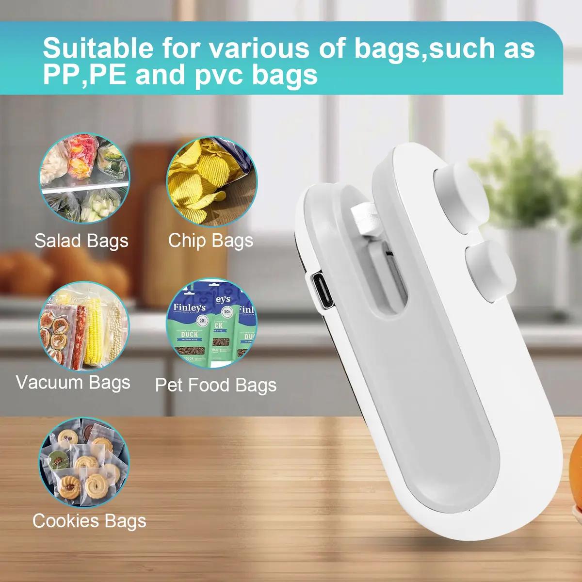 Mini Bag Sealer 2-in-1 with Cutter, Portable Heat Sealer for Food Storage, Keeps Chips Fresh & Airtight, USB Rechargeable Kitchen Gadget