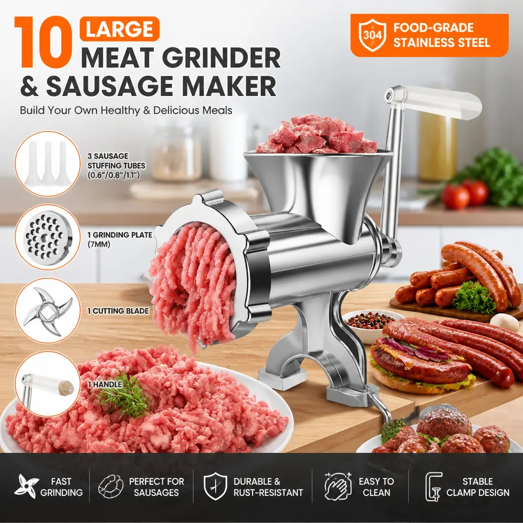 #10 Heavy Duty Hand Operated 304 SS Meat Grinder & Sausage Maker - 5 Detachable Attachments (1 Grinding Plate,1 Handle,3 Stuffing Tubes,Kubbe,Blade) - Stable Clamp, Compact Space-Saving, Easy to Clean for Home/Camping Kitchen, Perfect For Sausages