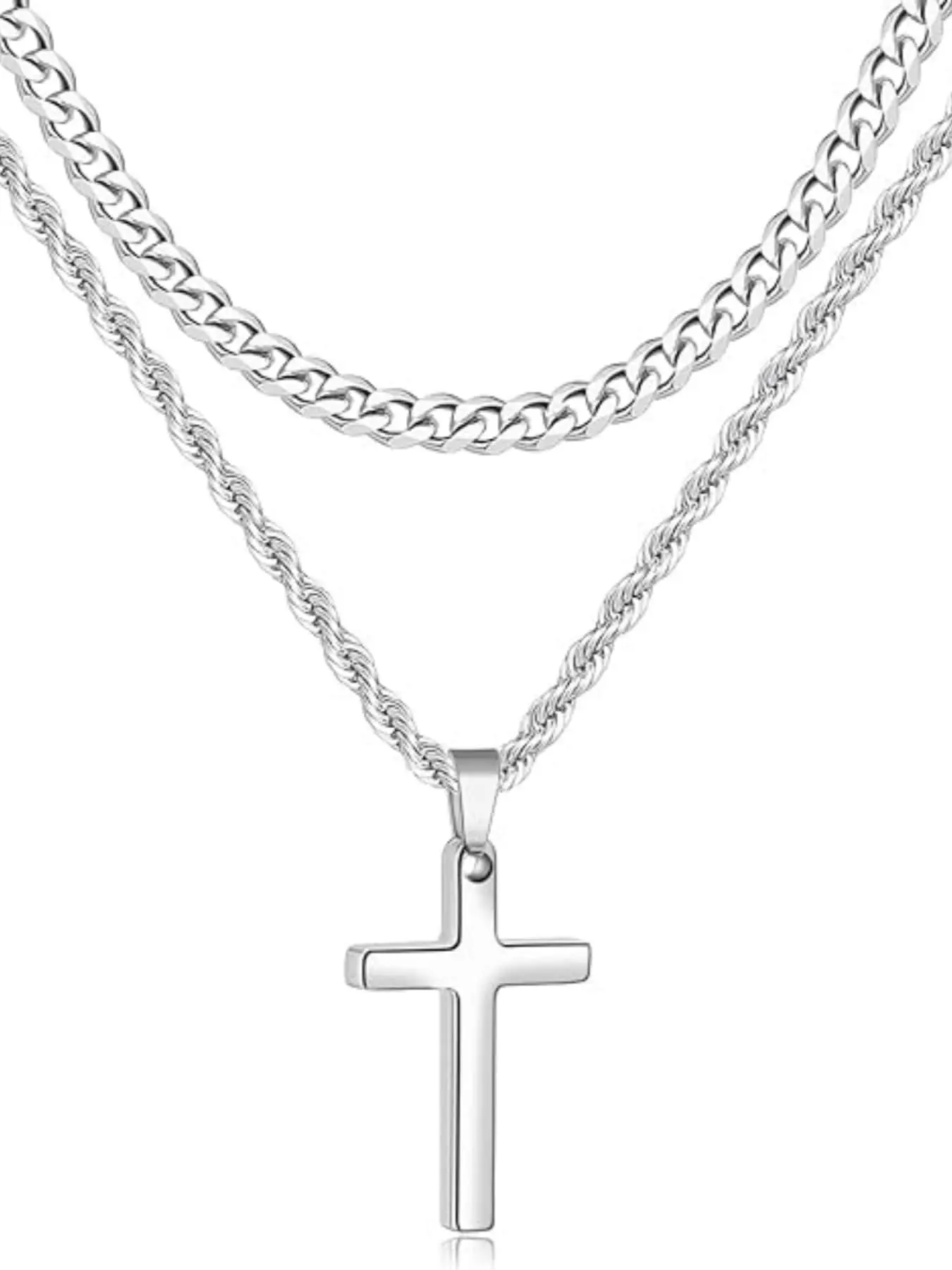Men's Chunky Stainless Steel Necklace Set, Twisted Chain, Stackable Cuban Link Chain & Cross Pendant, Cross Necklaces, Multi-Layer Cuban Style Trendy Design, Fashion Jewelry Accessory, Stackable Chains