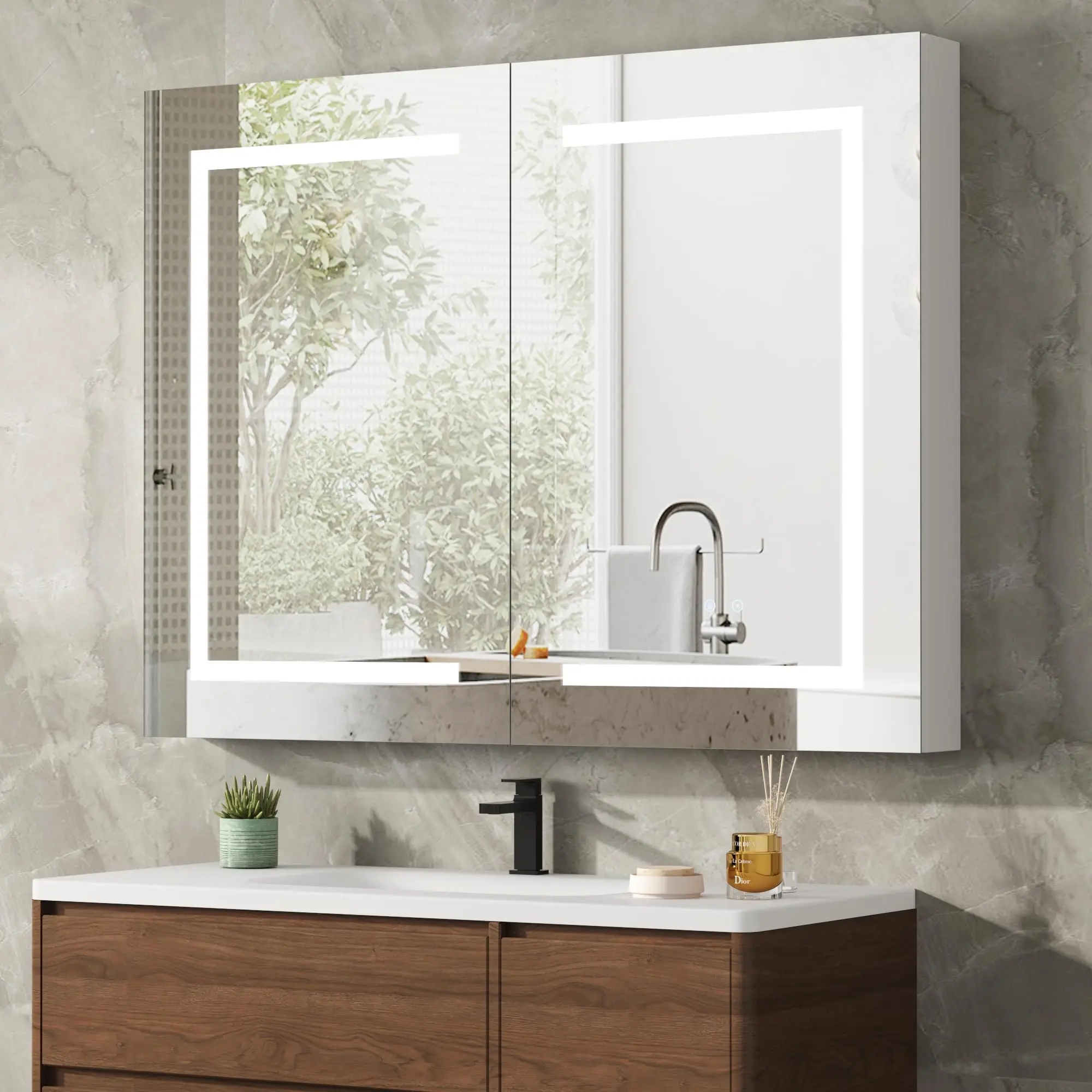 Medicine Cabinet with LED Mirror for Bathroom 24x30 Aluminum Wall Mounted Defog Stepless Dimming 3 Colors 2 Outlets 2USB Single Door furniture