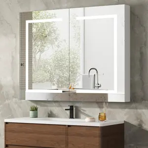 Medicine Cabinet with LED Mirror for Bathroom 24x30 Aluminum Wall Mounted Defog Stepless Dimming 3 Colors 2 Outlets 2USB Single Door