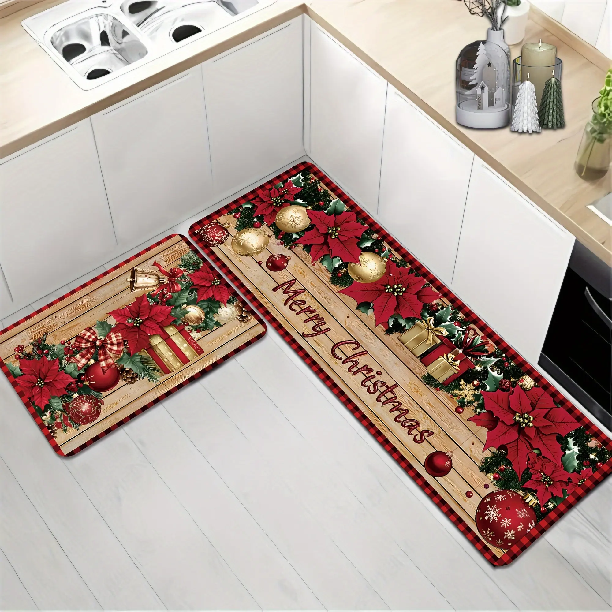 2/3pcs Merry Christmas Winter Decor Poinsettia Gift Ball Bell Kitchen Rug Vintage Country Farmhouse Red Kitchen Mat Easy to Clean Kitchen Mat for Christmas Holiday Kitchen Bathroom Entryway Home Decor Gift Christmas Present,Thick,Non-Slip,Fluffy,Bohemian