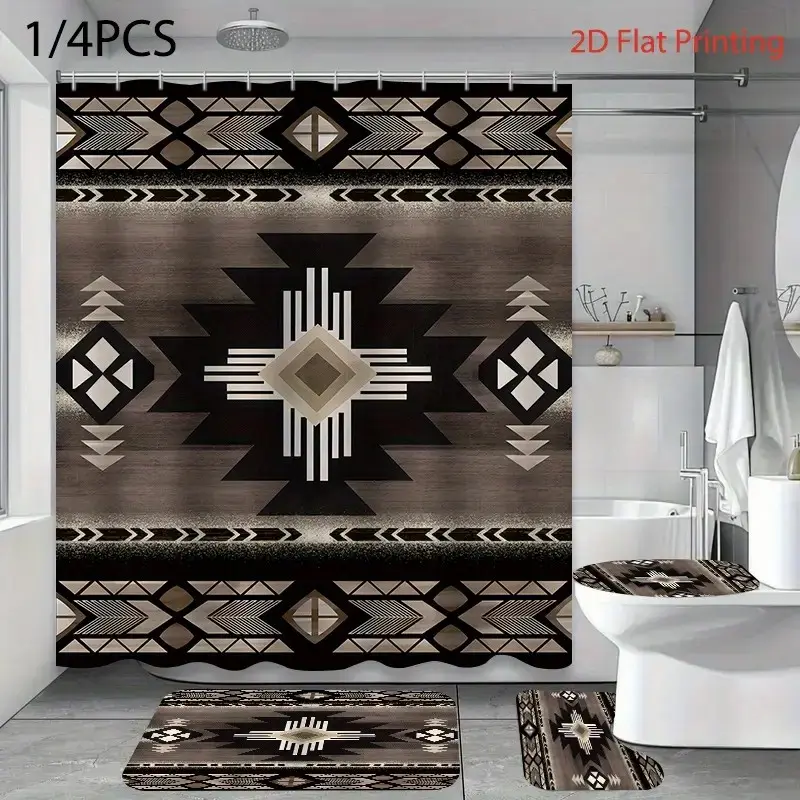 1/4 pcs retro geometric pattern Shower Curtain Set for Bathroom, Vintage decorative shower curtain, non-slip floor mat, U-shaped carpet, toilet cover, Bathroom decor, free 12 shower curtain hooks