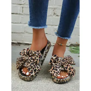 Women's Summer Leopard Print Slip-On Sandals, Fashion Slippers, Lightweight Slippers, Soft Eva Sole, Anti-Slip Comfortable Outdoor Casual Shoes, Large Size Butterfly Knot Design