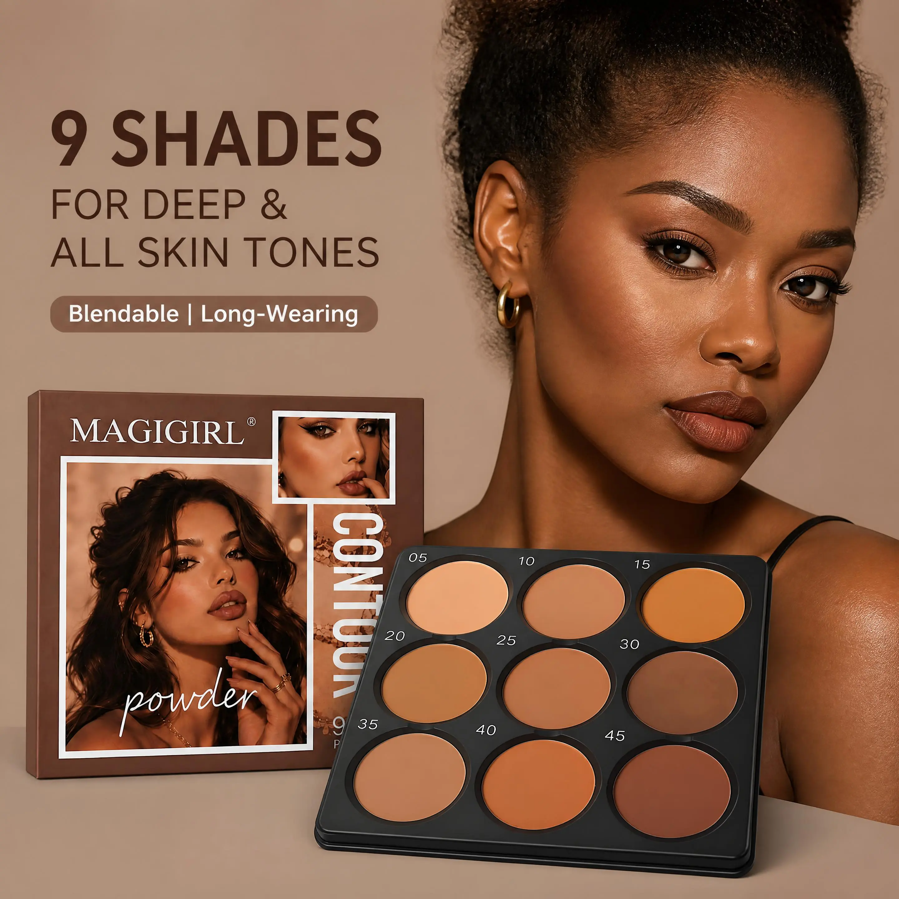 MAGIGIRL 9-Color Contour Palette with Brush - Waterproof Long-Wear Blendable Matte Bronzer & Highlighter Powder, Compact Makeup Kit for Face Contouring, Photos, Parties, All Skin Tones