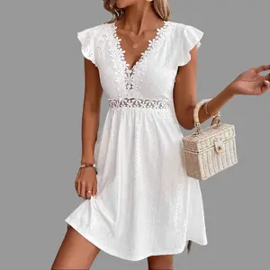 Women’s Lace Patchwork Mini Dress – V-Neck Knit Jacquard Hollowed Out Stretch Short Gown, Elegant Cocktail Party & Date Night Outfit