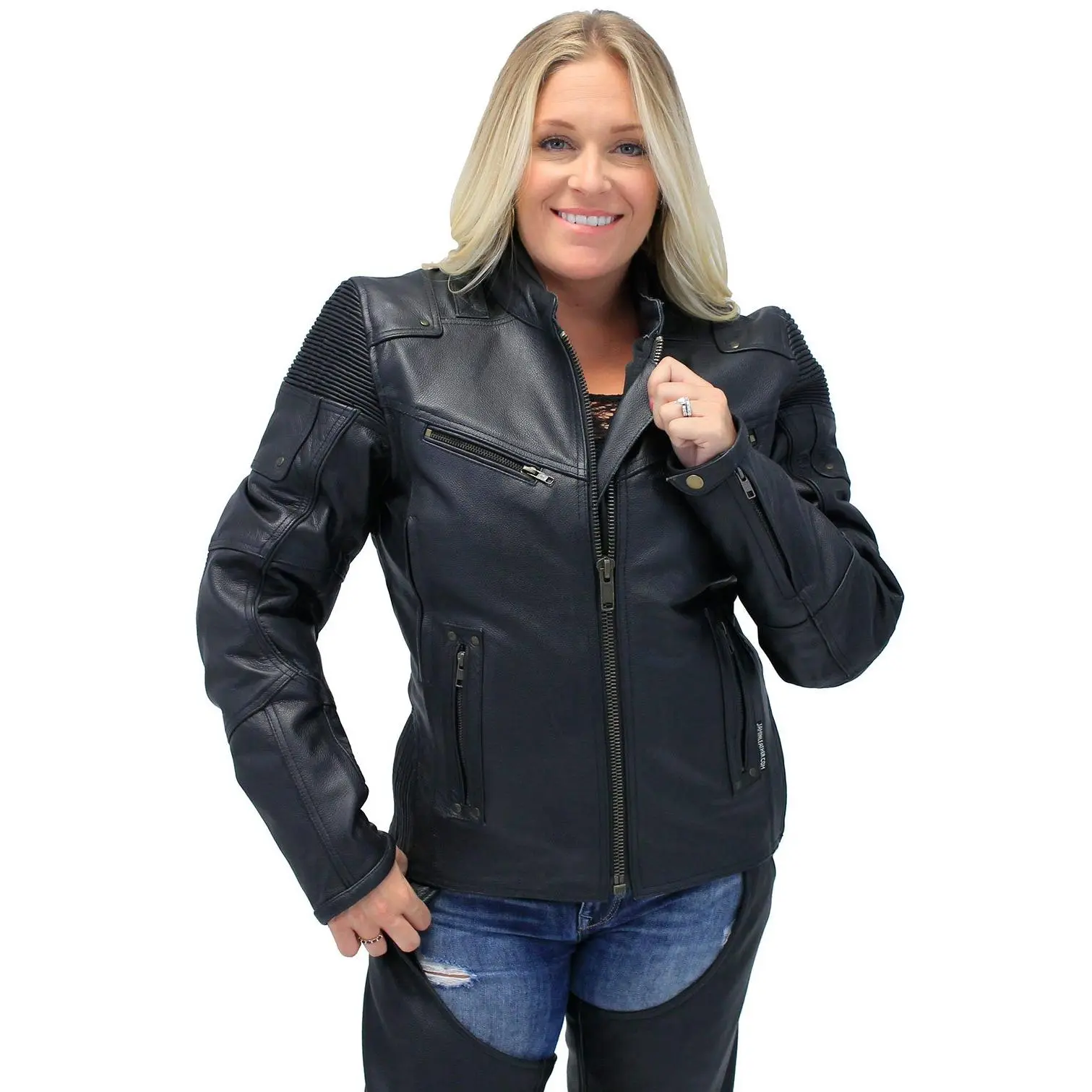 JAMIN LEATHER® Women's Ultimate Black Racer Vented Motorcycle Jacket #L68330VZRK - Fitted Leather Moto Jacket with Zip Out Lining & Leather Elastic Stretch Sides for Comfort