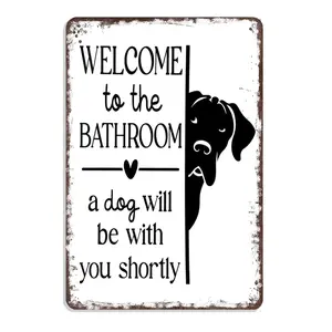 Retro Aluminium Dog Metal Sign, 8x12 in Humorous Home Decor Plaque - "Welcome To The Bathroom A Dog Will Be With You Shortly" - Customizable via Provided Images, Restroom Toilet Wall Accent